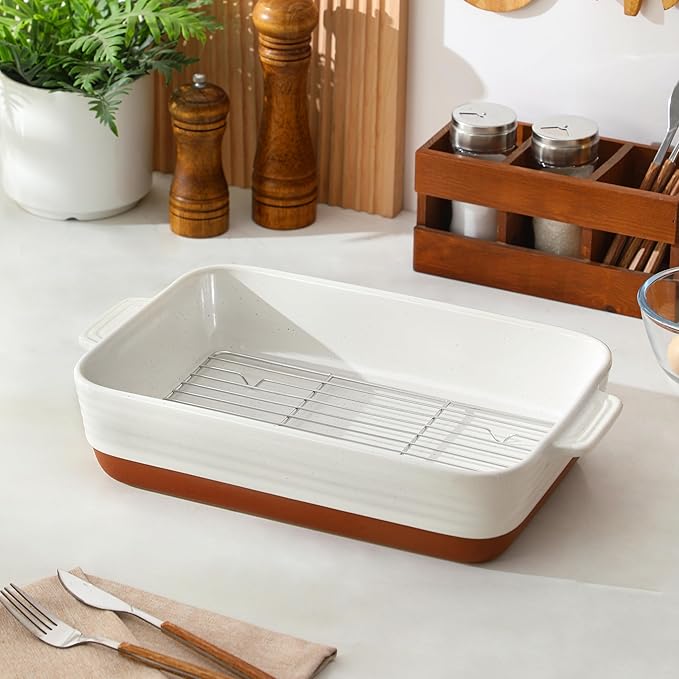 MALACASA Baking Dish with Rack, 4.8 Qt Ceramic Roasting Pan with Stainless Steel Drip Rack, 9x13 Inch Deep Casserole Dish with Handles, Oven Safe Lasagna Pan for Baking & Serving (Khaki & White) - Series Tara