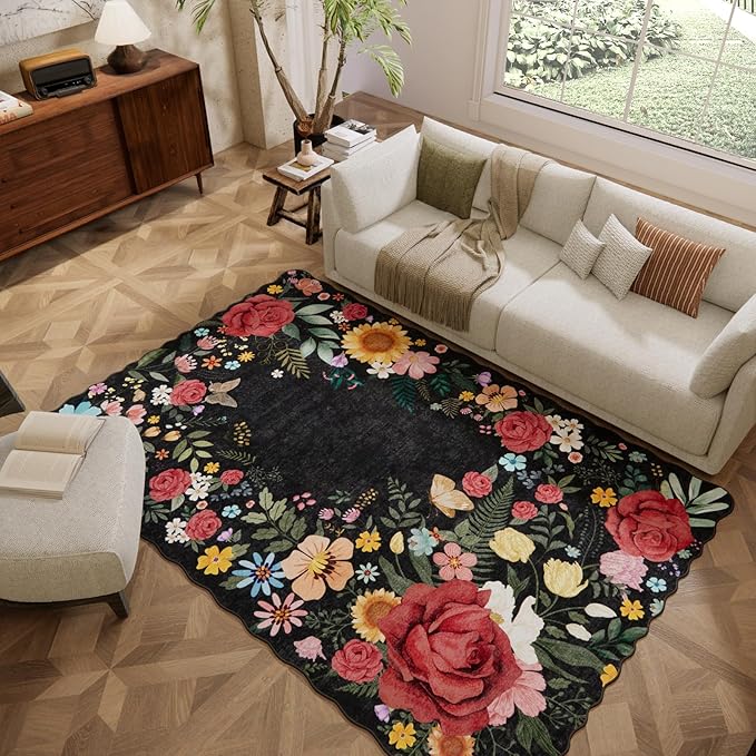 Floral Washable 6'x9' Area Rugs for Bedroom, Soft Lightweight Rug for Living Room Non Slip Dining Room Black Rug, Stain Resistant Boho Vintahe Easy Clean Throw Carpet for Office