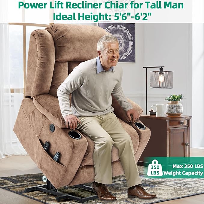 VIVIJASON Tall Man Large Dual Motor Power Lift Recliner Chair with Extended Footrest, Oversized Lay Flat Sleeper Electric Recliner W/Heat & Massage, Lumbar Pillow, USB & Type-C Ports, Plush Brown