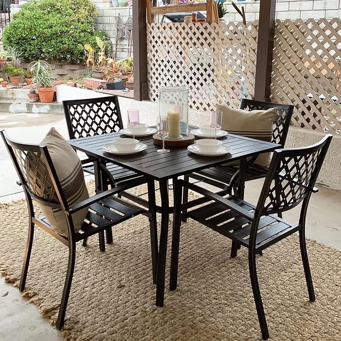 PHI VILLA 5-Piece Metal Patio Outdoor Table and Chairs Outdoor Dining Set - 37" Square Patio Table w/1.57" Umbrella Hole and 4 Backyard Garden Chairs