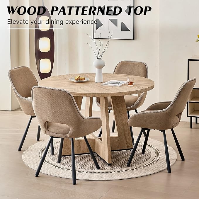 47" Round Dining Room Table Set for 4, [Fanned Base] [1.38" Thick Top] Wood Kitchen Table with 4 Swivel Dining Chairs