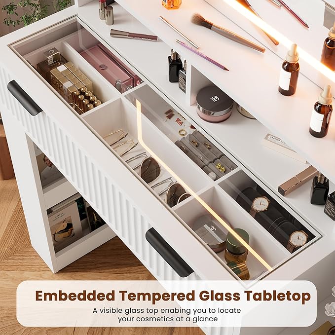 HAIOOU Fluted Vanity Desk with Mirror and Lights,48" Large Makeup Vanity Desk with Charging Station,Dressing Table with 4 Drawers & 3 Open Storage Shelves, Glass Top for Bedroom, White