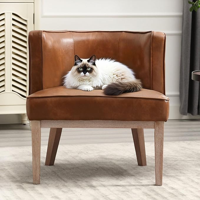 Comfy Barrel Chair Mid Century Modern Accent Chair with Solid Wood Leg Upholstered Reading Arm Chair Faux Leather Waiting Room Round Side Chairs for Small Spaces Living Room Bedroom Office, Brown