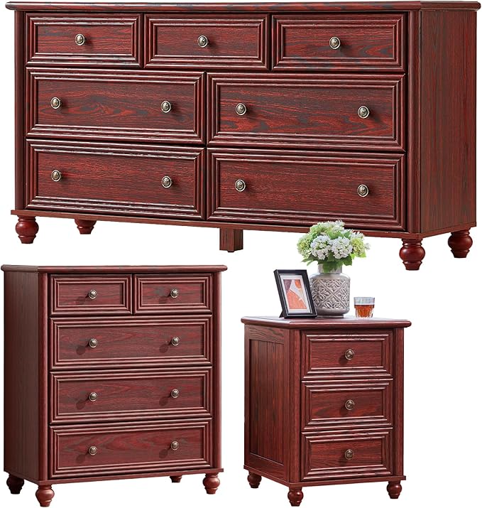 Farmhouse Dressers & Night Stand Set of 3, Wood 54" Wide 7 Drawer Dresser & 35.5"Tall Chest of Drawers, 18" with Charging Station Nightstand, Bedroom Furniture Dresser Set for Home Living Room Hallway