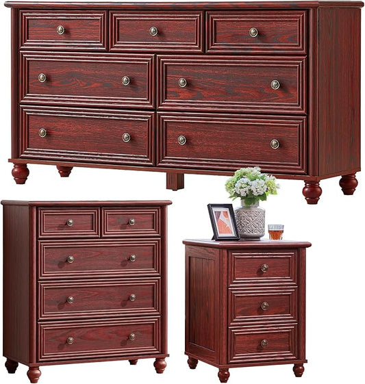 Farmhouse Dressers & Night Stand Set of 3, Wood 54" Wide 7 Drawer Dresser & 35.5"Tall Chest of Drawers, 18" with Charging Station Nightstand, Bedroom Furniture Dresser Set for Home Living Room Hallway