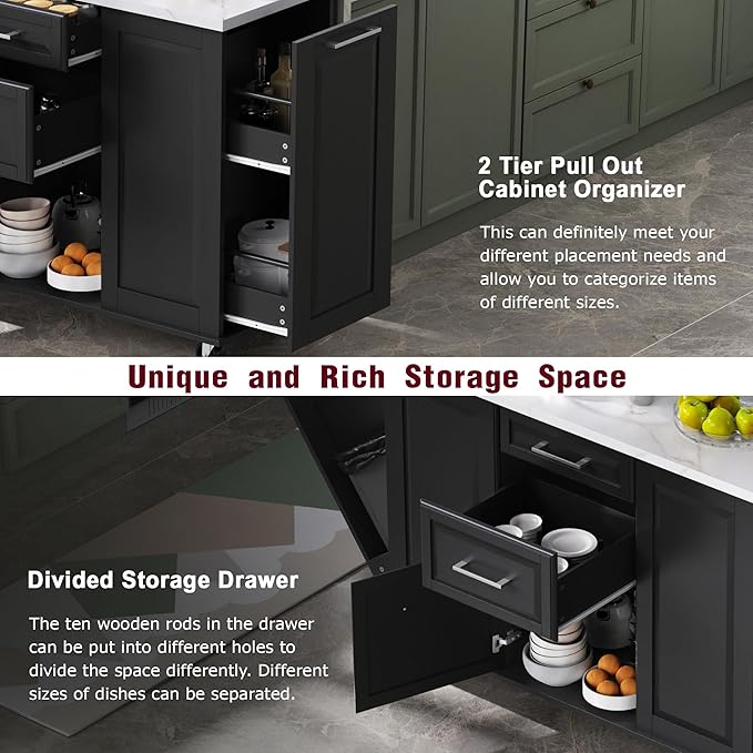 50.7" Mobile Kitchen Island with Storage Tilt Trash Can Cabinet and Pull Out Cabinet Organizer, Movable Rolling Island on 5 Wheels with Drop Leaf, 2 Drawers, 1Door for Kitchen, Dining Room (Black)