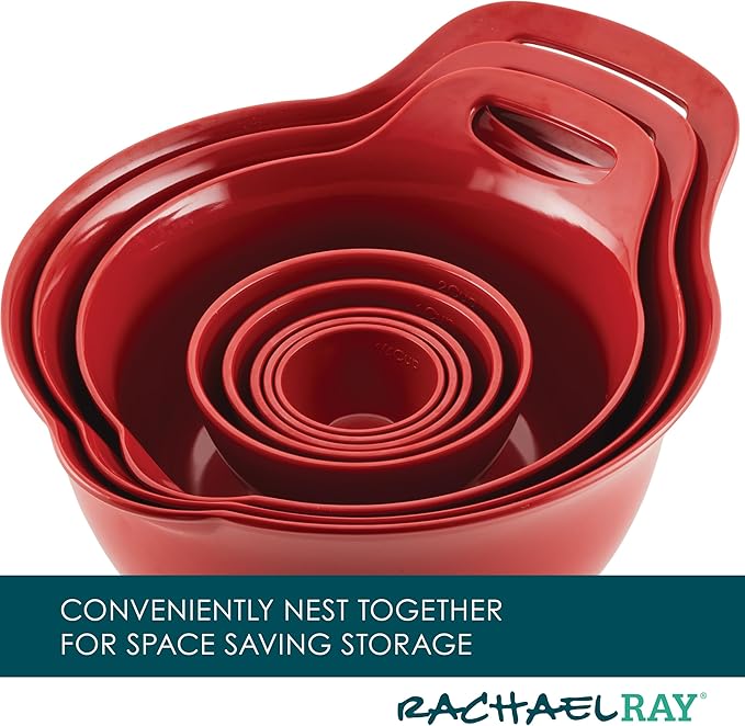 Rachael Ray Pantryware Nesting Mixing Bowls with Built-in spouts and Handles and Measuring Cups For Space-saving storage, Utensil Set, Dishwasher Safe, 10 Piece, Red