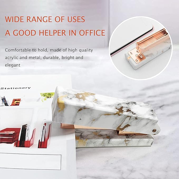 Rose Gold Marble Desk Accessories, Office Supplies Set Stapler Staple Remover, Tape Holder, Pen 2 Ballpoint Pen, Scissor, Binder Clips, Paper Clips and 1000pcs Staples