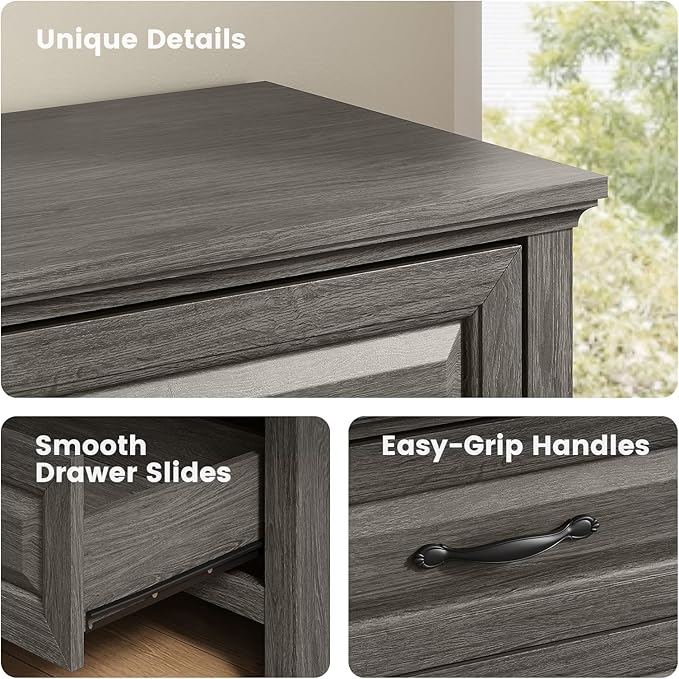 Amada 5 Farmhouse Dresser for Bedroom with Wood Drawers, Anti-Tip Design for Safety and Stability, Large Drawers, Rustic Farmhouse Chest of Drawers for Bedroom, Hallway, Gray