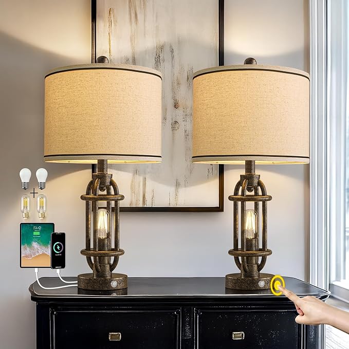 23.75'' Table Lamps Set of 2 for Living Room Bedroom Industrial Farmhouse Metal Touch Lamps with USB A+C Ports, Night Light Vintage Nightstand Bedside Lamp, Bulbs Included, Bronze