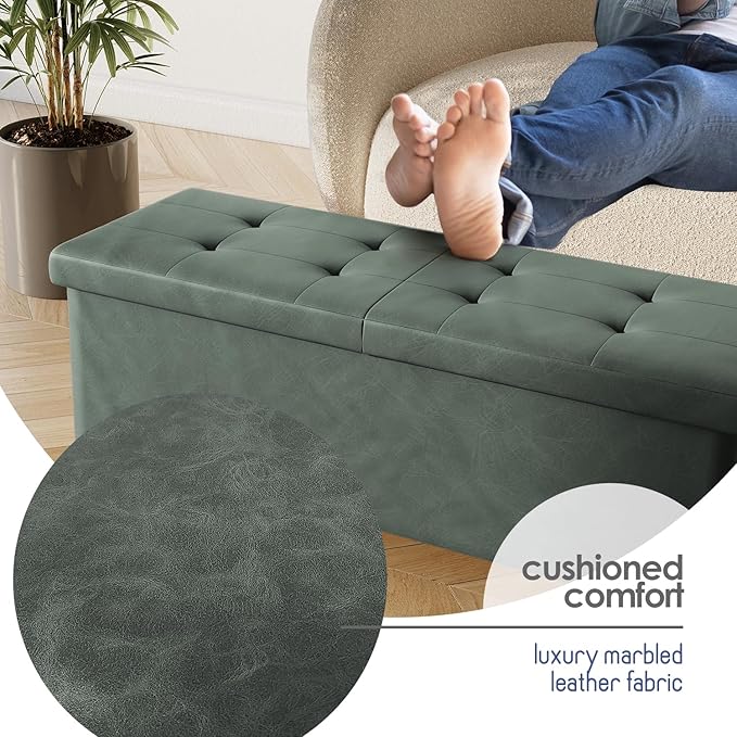STORAGEBUD Storage Ottoman Bench with Bins, 43-in Storage Bench for Bedroom End of Bed, Folding Foot Rest Ottoman for Living Room Max 660lbs, Faux Leather Ottomans, Green