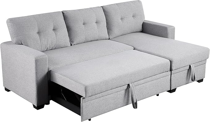 82 Inch Convertible Sleeper Sectional Sofa with Storage Chaise and Pull-Out Bed, Linen Upholstered Reversible Corner Couch, Modular L Shaped Couches for Living Room, Home Furniture, Light Gray