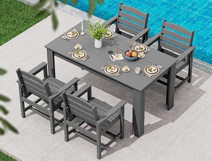 SERWALL Patio Dining Set for 4, Outdoor Dining Sets for 4 Person with 1 Umbrella Hole Cut-Out Rectangular Table and 6 Chairs, HDPE Dining Sets for Garden, Backyard, Poolside, Gray