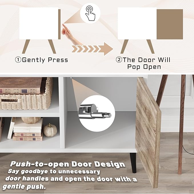 Flamaker TV Stand, 58 Inch Entertainment Center with 2 Doors and 2 Storage Cabinets for TV up to 65 inch, TV Console Table for Living Room, Bedroom, Office (White and Oak)