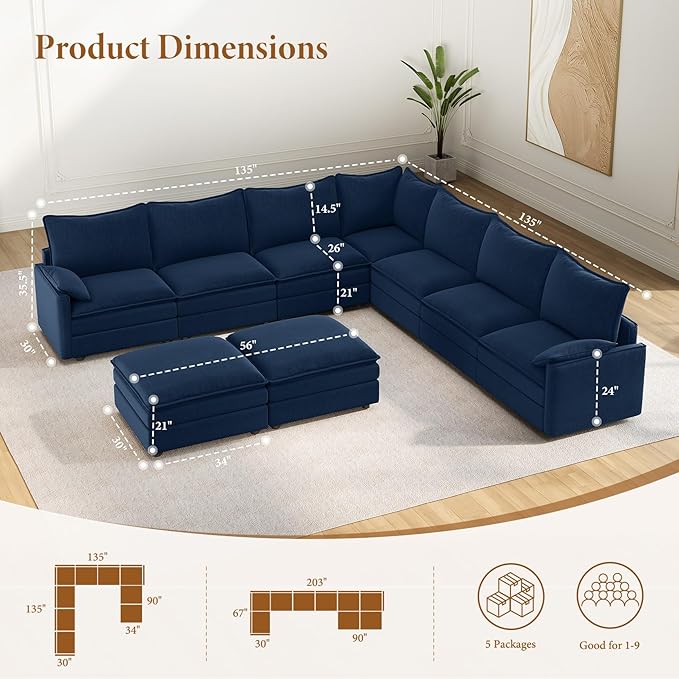 Vesgantti Large Modular Sectional Sofa, Big Comfy Cloud Couch with Ottoman Deep Seat Chenille Cloud Sofa, 9 Seater Large Sectional Couches for Living Room, Bedroom and Apartment, Blue