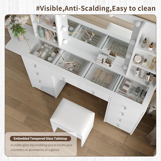 Vanity Desk with Power Outlet, 10 Drawers Makeup Vanity with Mirror and Lights, 3 Colors Adjustable, Fold-up Panel, Glass Top Vanity Set for Bedroom