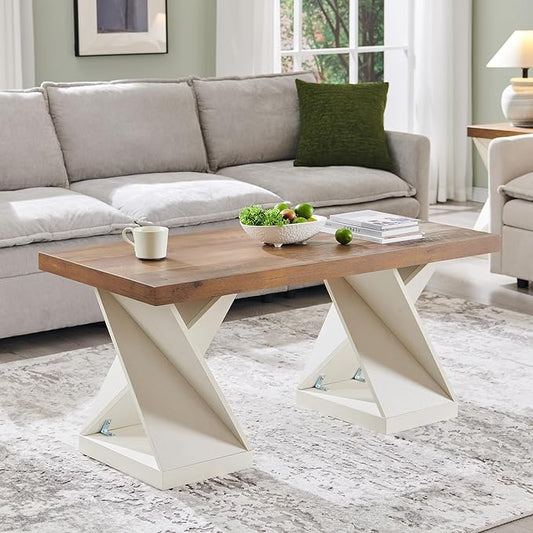 OKD Modern Coffee Table, 48" Twisted Center Table with Wood Thickened Pedestal, Rectangular Rustic Living Room Table, Farmhouse Storage Low Cocktail Tea Table, Antique White