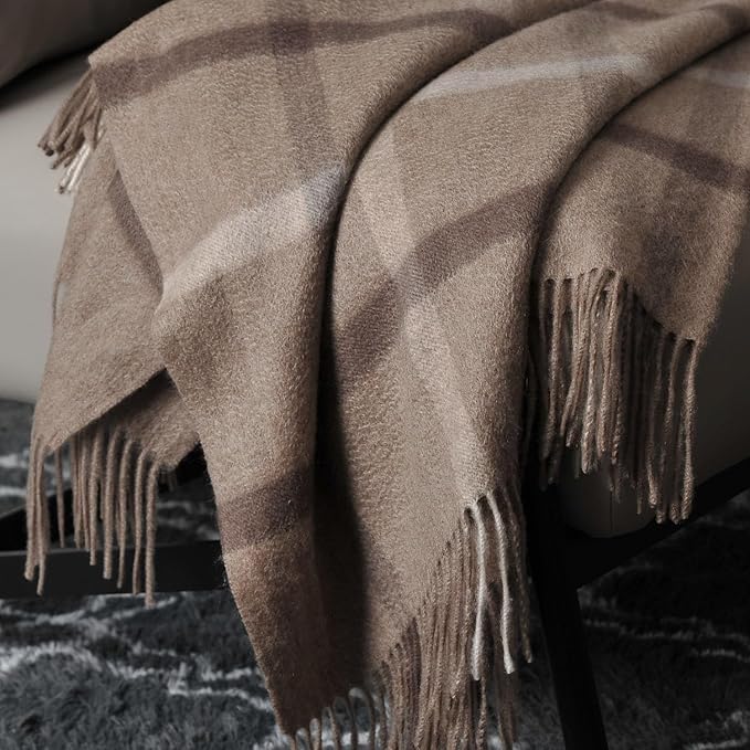 EP Mode 100% Pure Cashmere Throw Blanket for Sofa, Classic Design with Gift Box (Neutral Windowpane)