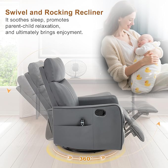 Manual Swivel Rocker Recliner Chair for Adults, Overstuffed Recliner Glider with Massage and Heat, Living Room Reclining Chair, PU Leather Gray