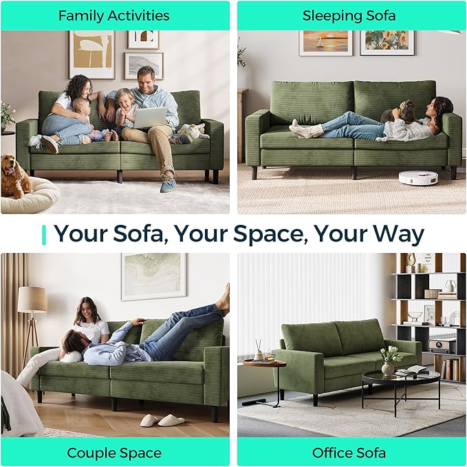 LINSY Modern Loveseat Sofa Couches for Living Room, Comfy Corduroy Sofa, Adjustable Seat Depth, Extra Deep Seats, Solid Wood Frame, Removable Cover, Love Seat Couch for Small Spaces (79inch, Green)