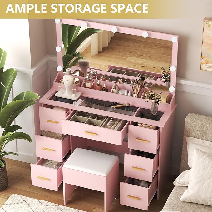 Makeup Vanity Desk with Large Lighted Mirror and Lights, Glass Top Vanity Table Set with 7 Drawers, Power Outlet & Storage Stool, Dressing Table with RGB Ambient Light for Women Girls Bedroom, Pink