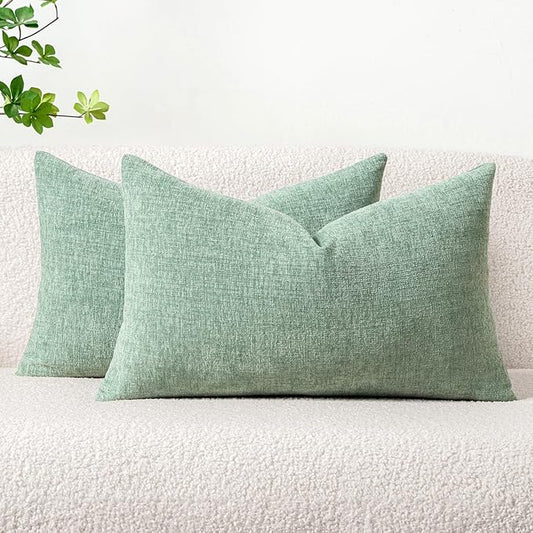 MIULEE Pack of 2 Couch Throw Pillow Covers 12x20 Inch Soft Greyish Green Chenille Pillow Covers for Sofa Living Room Solid Dyed Pillow Cases