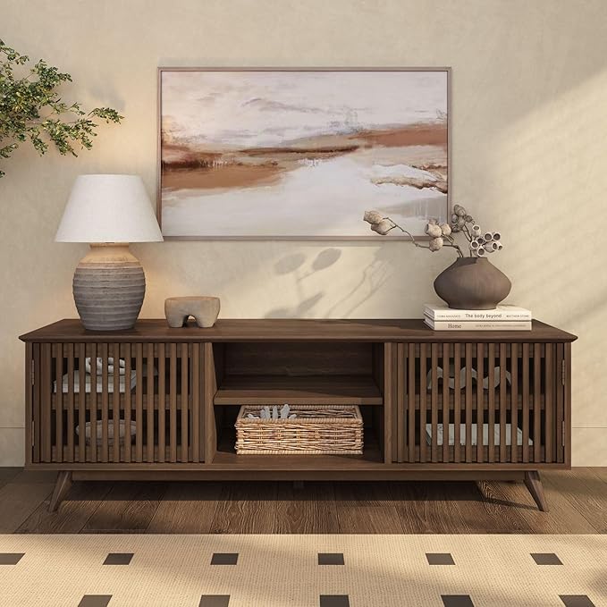 Plank+Beam Mid-Century Modern Wood TV Stand, Solid Wood Entertainment Console with Storage, 59" L x 16" W x 19" H, Walnut