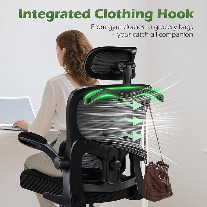 Office Chair Ergonomic Desk Chairs with Adjustable Lumbar Support& Headrest Hanger, High Back Breathable Mesh Chair with Wheels, Rolling Swivel Comfy Task Computer Chair for Home Work Gaming