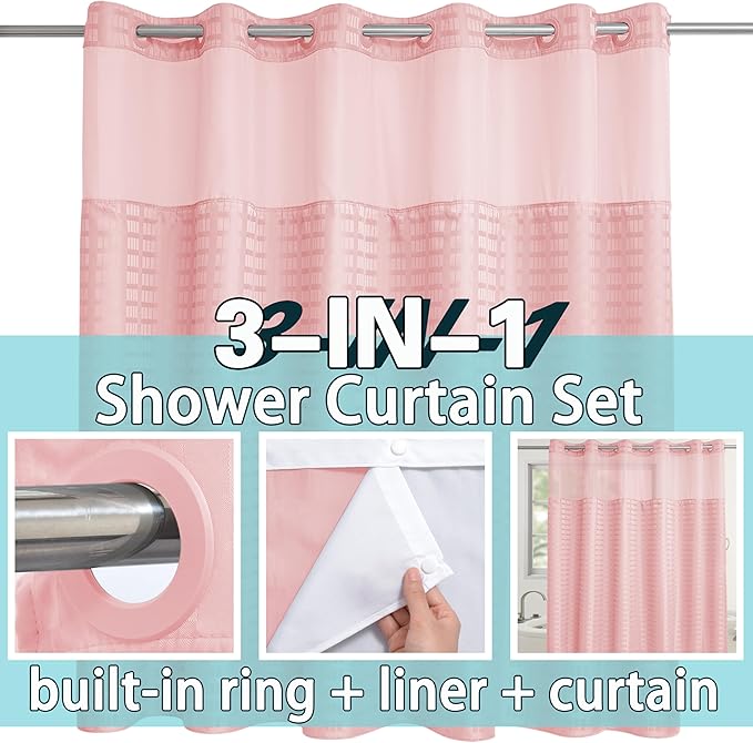 Conbo Mio Extra Wide No Hook Shower Curtain with Snap in Liner Set, 108" x 74" Hotel Luxury Pink Shower Curtains for Bathroom with See Through Top Window, Waterproof, Washable 108W x 74H