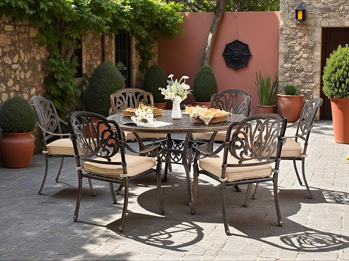 7 Piece Outdoor Dining Set Cast Aluminum, Retro Patio Dining Furniture Set for 6 Includes 54’’ Round Table 6 Chairs with Thicker Cushion and Umbrella Hole for Patio Deck Garden