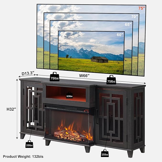 JXQTLINGMU Fireplace TV Stand for 75" TV, 32" Tall Farmhouse Entertainment Center with 26'' Electric Fireplace & LED Light, Rustic Media Console with 2 Large Storage Cabinets for Living Room, Black