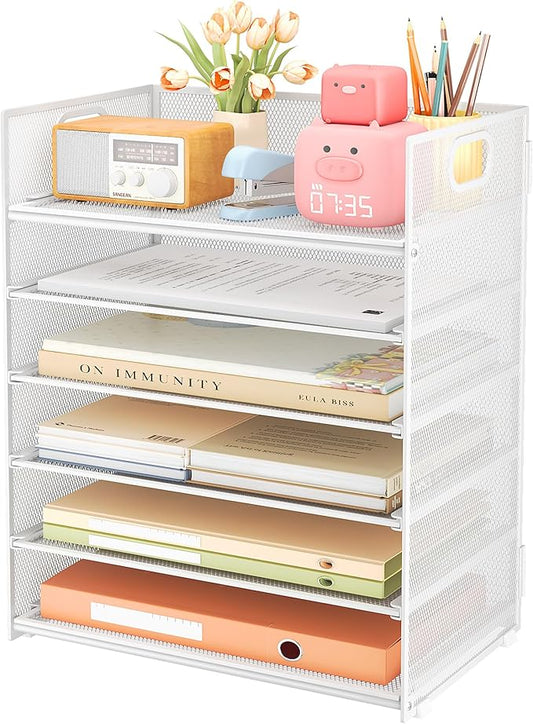 Subekyu 6 Tier Paper Organizer for Desk with Handle, Metal Mesh Desk Office File Folder Paper Letter Tray Accessories Organizer Sorter for Home, School, Office Desktop Document Organization - White