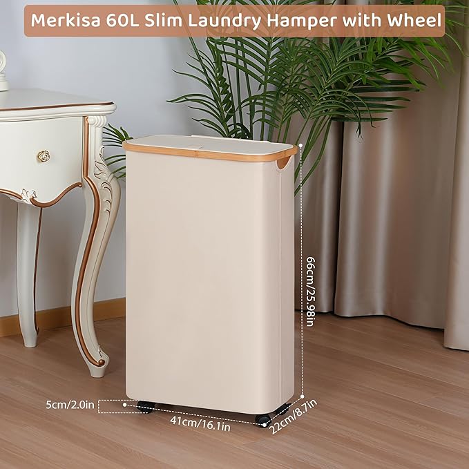 Slim Laundry Basket with Wheels,Narrow Hampers for Laundry,Freestanding Laundry Hamper with Lid&Bamboo Handles,Collapsible & Waterproof Tall Cloth Hamper for Dorm Family(60L Beige)