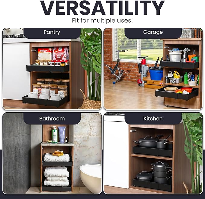 Pull Out Cabinet Organizer – Adjustable Sliding Shelf Inserts for Cabinets - Expandable Shelf Organizer from 12.6" to 20.5" – No Drill or Screw Install (Black, 1 Pack)