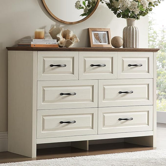 Amada Farmhouse 7 Drawer Dresser for Bedroom, 47.2 Inch Wide Wood Dresser with Natural Texture, Large Drawers, Rustic Farmhouse Chest of Drawers for Bedroom, Living Room, Hallway, Brown & White