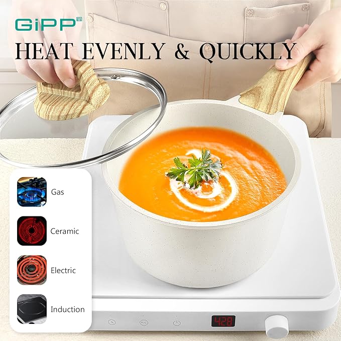 GiPP Pots and Pans Set Non Stick - 14 Pcs White Granite Kitchen Cookware Sets Nonstick Induction Cookware Cooking Pan Set with Frying Pans, Saucepans and Silicone Utensils, PFOS & PFOA Free