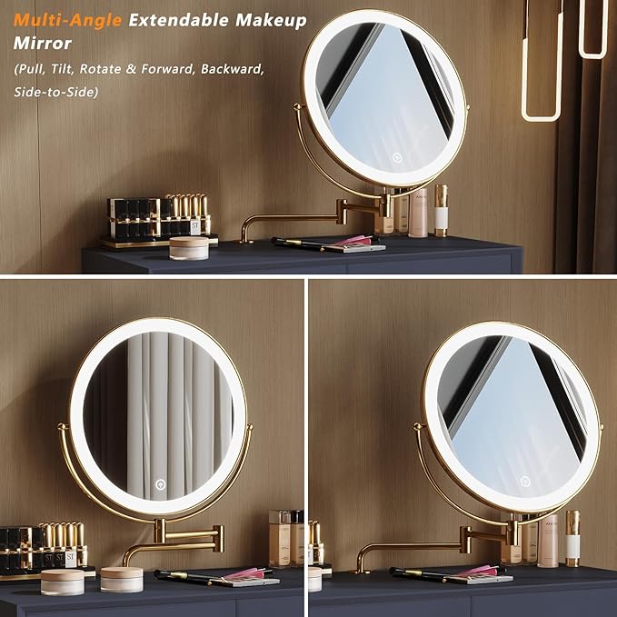 Vanity Desk with Adjustable Mirror and Lights, Makeup Desk with Drawers and Chair, Dressing Table Set with Leather Surface, Small Vanity Table for Bedroom, 3 Lighting Modes (Blue)