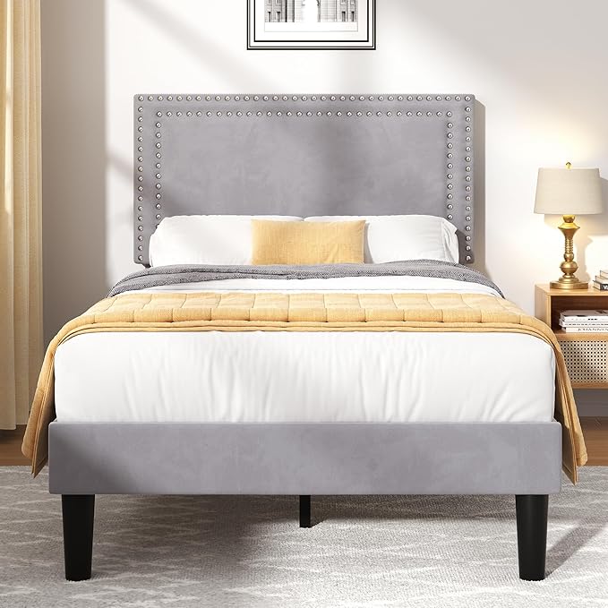 VECELO Twin Size Platform Bed Frame with Adjustable Upholstered Headboard, Strong Wood Slat Support, No Box Spring Needed, Easy Assembly