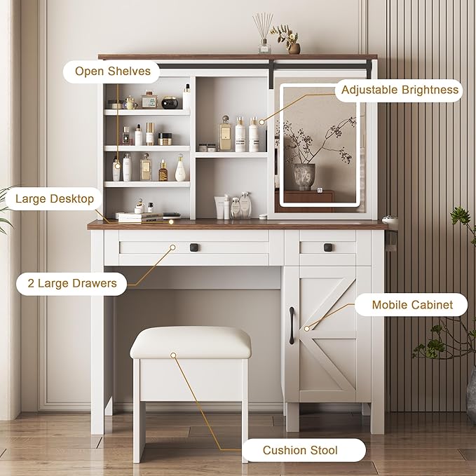 Makeup Vanity Desk with Sliding Mirror and Lights, Dressing Table Set with Hairdryer Holder, Storage Shelves and Drawers, Large Vanity with Stool (Includes Upholstery &Storage Space) for Bedroom