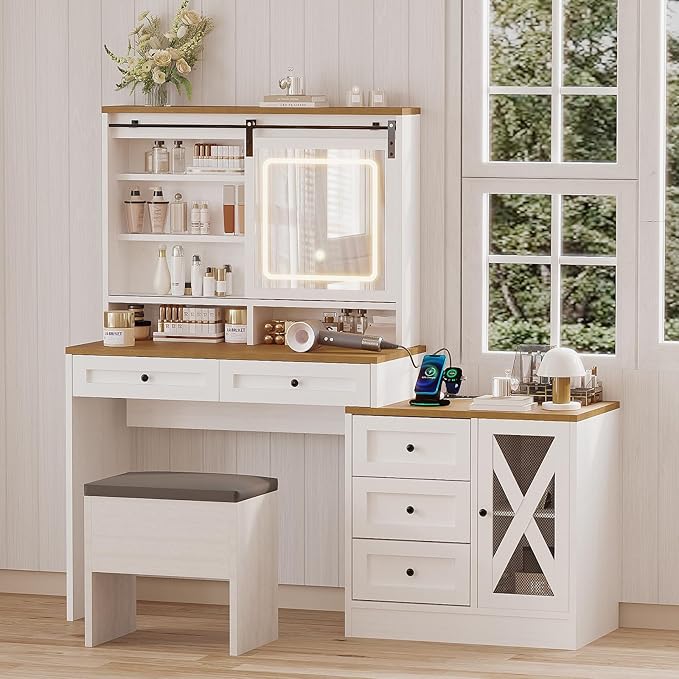 ALBAD Vanity Desk with Mirror and Lights Farmhouse Makeup Vanity Desk with Sliding Mirror and Vanity Stool Set Rustic Vanity Dresser with Organization and Storage Drawers and Charging Station White