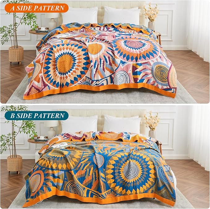 Boho Throw Blanket for Bed-100% Cotton Soft Breathable Farmhouse Decor Boho Quilt for Sofa (Colorful Sun, 60"x80")