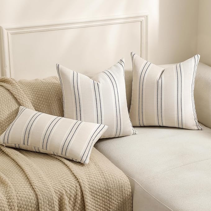 Hckot Throw Pillow Covers 20x20 Set of 2 Striped Pillow Covers Textured Linen Decorative Pillows Square Cushion Covers for Sofa Couch Bed Living Room Farmhouse Decor, Navy