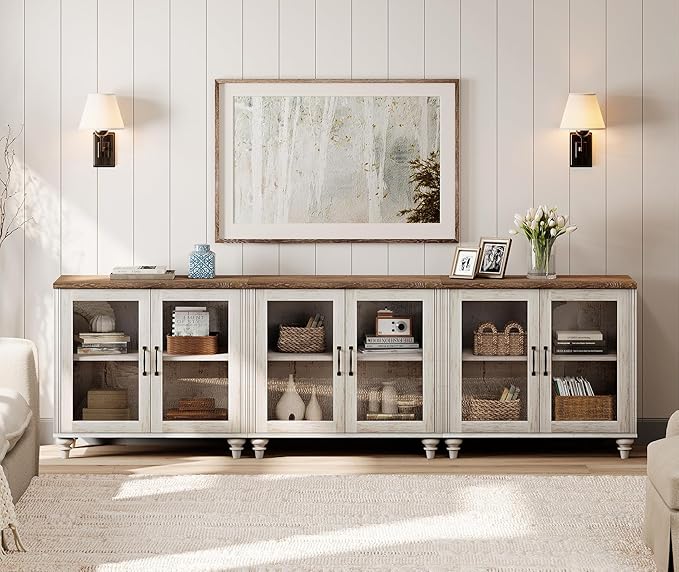 WAMPAT Farmhouse TV Stand for 100 Inch TV, Glass Wooden Universal TV Stand with 3 Storage Cabinets, Entertainment Center for 75/80/85/90 Inch TV, Console Table for Living Room, Bedroom, Rustic White