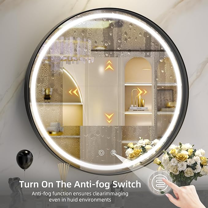 Hasipu 28 Inch Round LED Mirror for Bathroom with Lights, Black Circle Vanity Mirror for Wall, Metal Framed Frontlit Bathroom Mirrors Anti-Fog, Dimmable, 3 Colors Makeup Mirror Wall Mounted