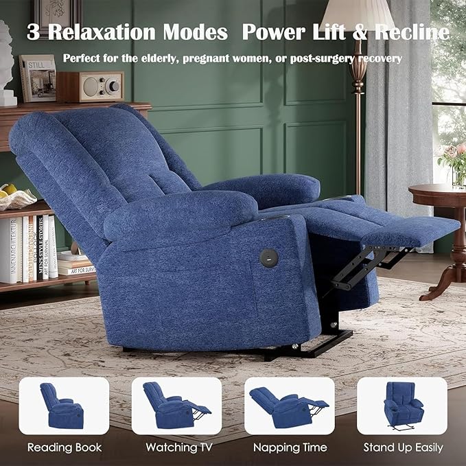 Electric Power Lift Recliner Chair, Oversized Reclining Chair with 8 Massage,Recliner Single Sofa with 2 Cup Holders,Side Pockets,USB Charge Port,Remote Control for Living Room,Bedroom,Blue