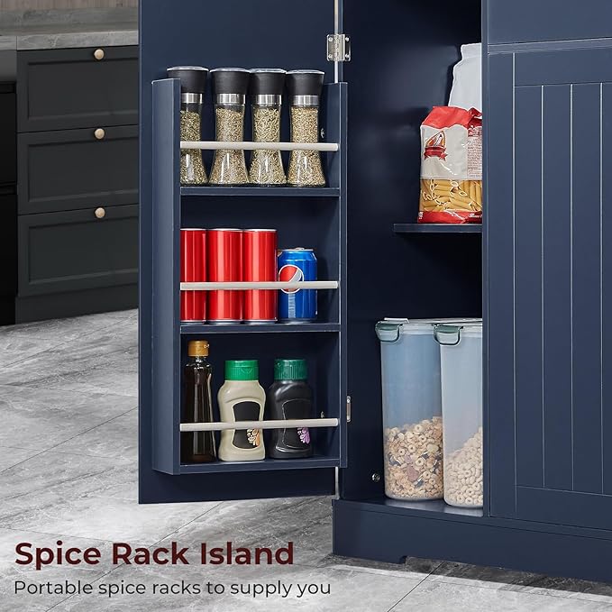 53" Long Kitchen Island with Trash Can Storage, Blue Kitchen Cart with Garbage Bin 10 Gallon, Portable Island with Trash Can, Wood Top, Spice Rack and Drawers