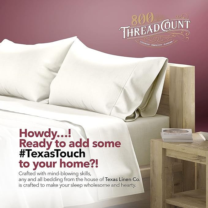 TEXAS LINEN CO. 100% Egyptian Cotton Sheets Full Size - 800 Thread Count 4 PC Ivory Full Sheet Set for Hot Sleepers, Breathable & Cooling Bed Sheet, Sateen Hotel Sheets, Fits Upto 18'' Deep Pocket