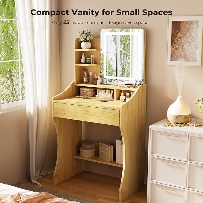 Small Vanity Desk, Makeup Vanity with Mirror and Lights, Vanity Desk with Drawer & 3 Storage Shelves, Wood Makeup Vanity Desk with Lights for Bedroom, Natural
