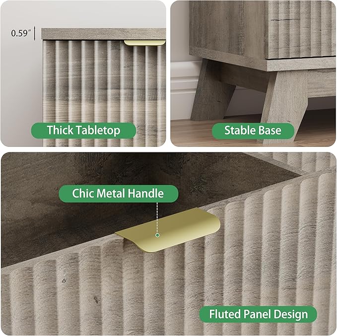 Fluted Dresser for Bedroom with 6 Drawers, 46" Tall Modern Chest of Drawers with Metal Handle, Wooden Dresser TV Stand, Wood Closet Clothes Storage Organizer for Living Room, Hallway, Grey