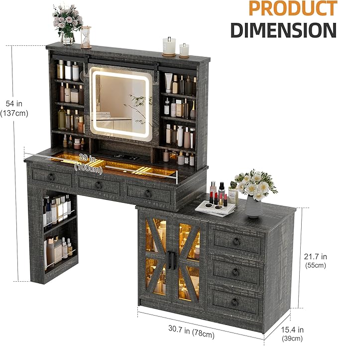 HNEBC 40" W Makeup Vanity Desk with Sliding Mirror and Lights,Farmhouse LED Vanity Set with Jewelry Armoire,Glass Tabletop Vanity Table with Charger,Adjustable Cabinet,6 Drawers,10 Shelves (Oak)